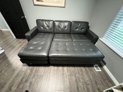 Dark Grey Faux Leather L-Shape Sectional Sofa with Matching Ottoman