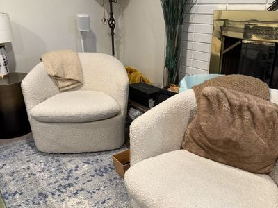 Article Turoy Swivel Chairs (Pair) – Ivory Bouclé – Like New – $795