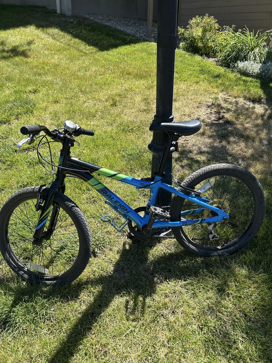 Raleigh Rowdy 20" Kids Mountain Bike - Blue/Green, 6-Speed, Front Suspension