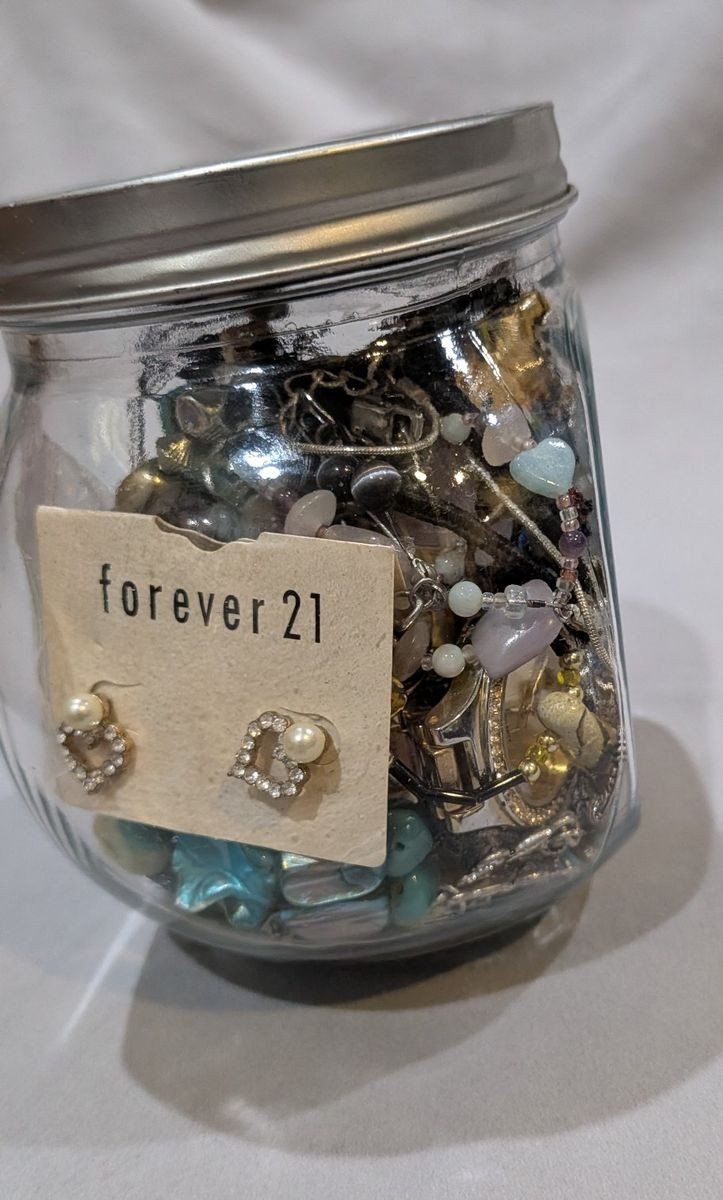 Junk Drawer Jewelry Lot in Glass Jar Variety Fashion & Costume Jewelry