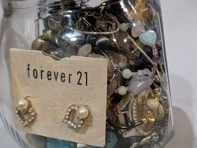 Junk Drawer Jewelry Lot in Glass Jar Variety Fashion & Costume Jewelry