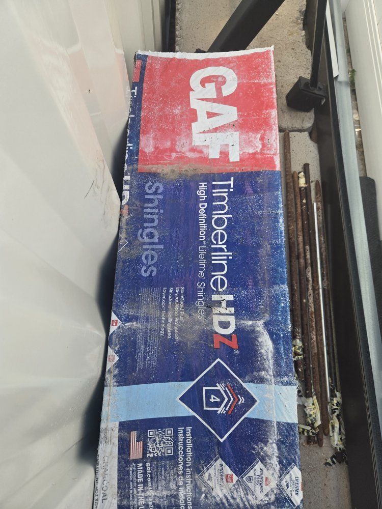 8 full bundles of GAF Timberline HDZ High Definition Lifetime Shingles (Bundle) & Coil Nails, and flashing.
