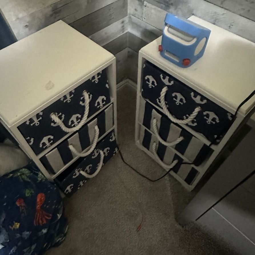 Pair of White 3-Drawer Storage Units with Nautical Fabric Bins - Ideal for Kids' Rooms
