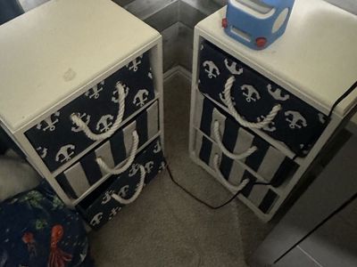 Pair of White 3-Drawer Storage Units with Nautical Fabric Bins - Ideal for Kids' Rooms
