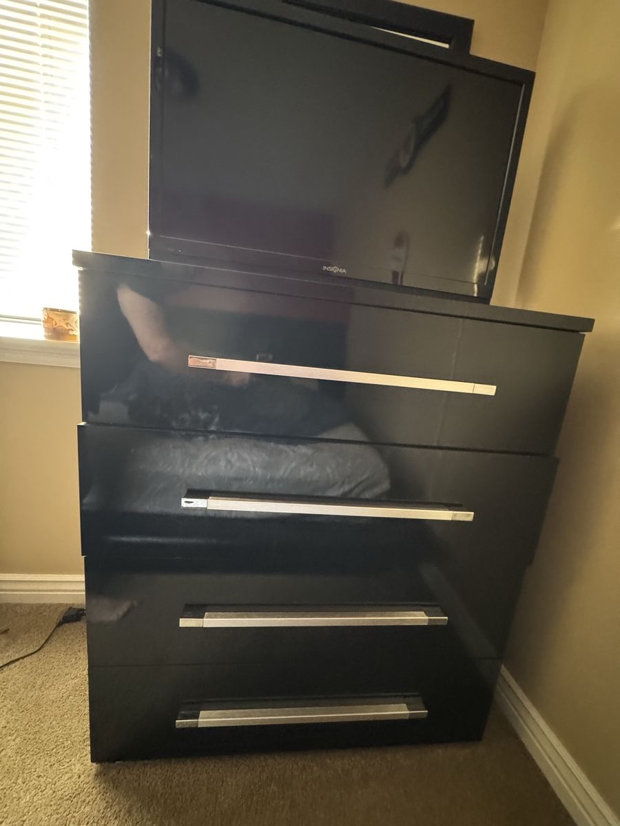 Black Nightstand/Dresser with 2 Drawers, Glossy Finish, Silver Pulls
