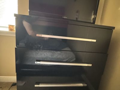 Black Nightstand/Dresser with 2 Drawers, Glossy Finish, Silver Pulls