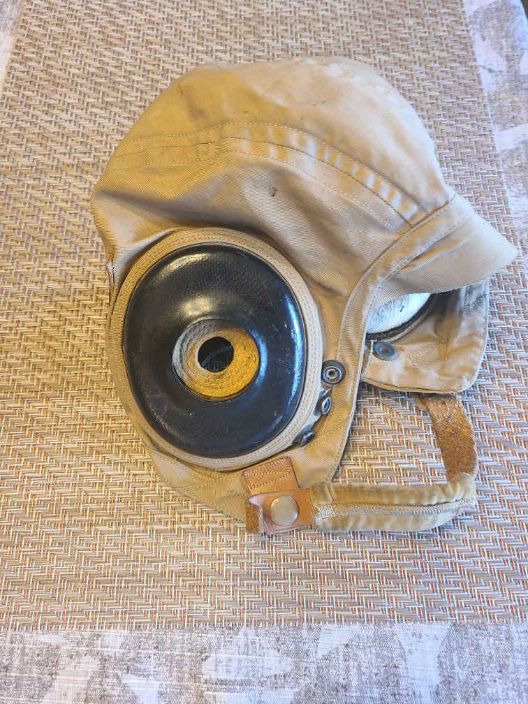 Vintage Military Pilot Flight Helmet - Khaki Tan, Leather Straps, Communication Earpieces
