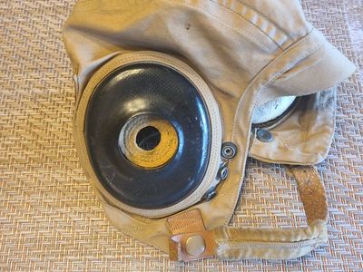Vintage Military Pilot Flight Helmet - Khaki Tan, Leather Straps, Communication Earpieces