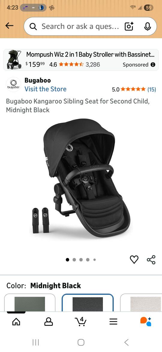 Bugaboo Kangaroo Stroller Sibling Seat Midnight Bl