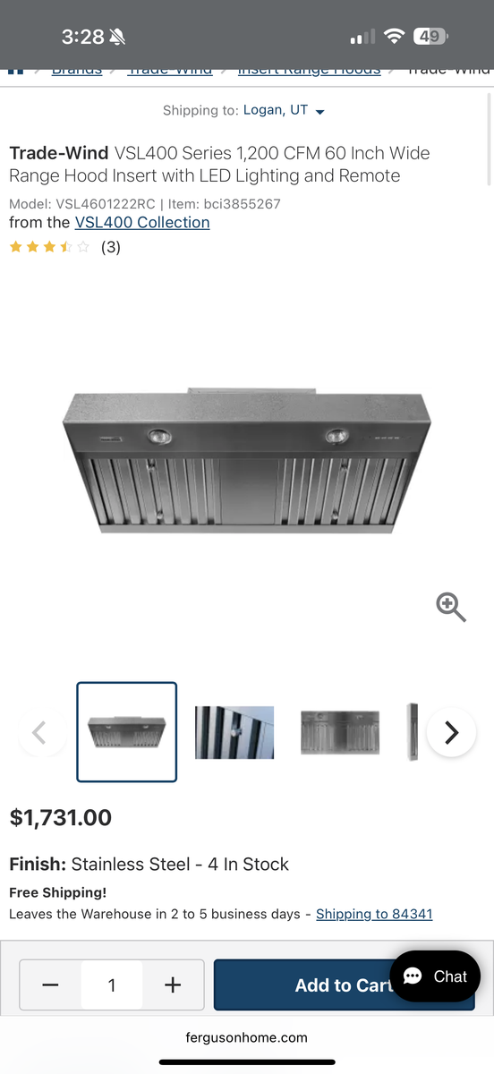 New in box - Trade-Wind VSL400 Series 1,200 CFM 60 Inch Wide Range Hood Insert with LED Lighting and Remote
