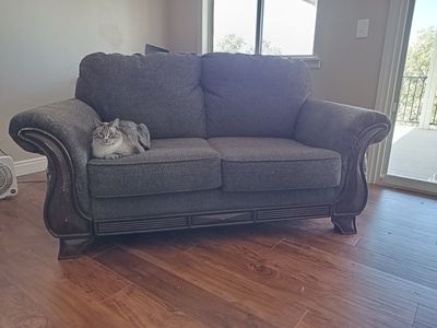 Gray Fabric Loveseat Sofa with Wooden Accents