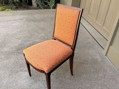 Elegant Dining Chairs - Dark Wood Frame, Orange Patterned Upholstery, Classic Style