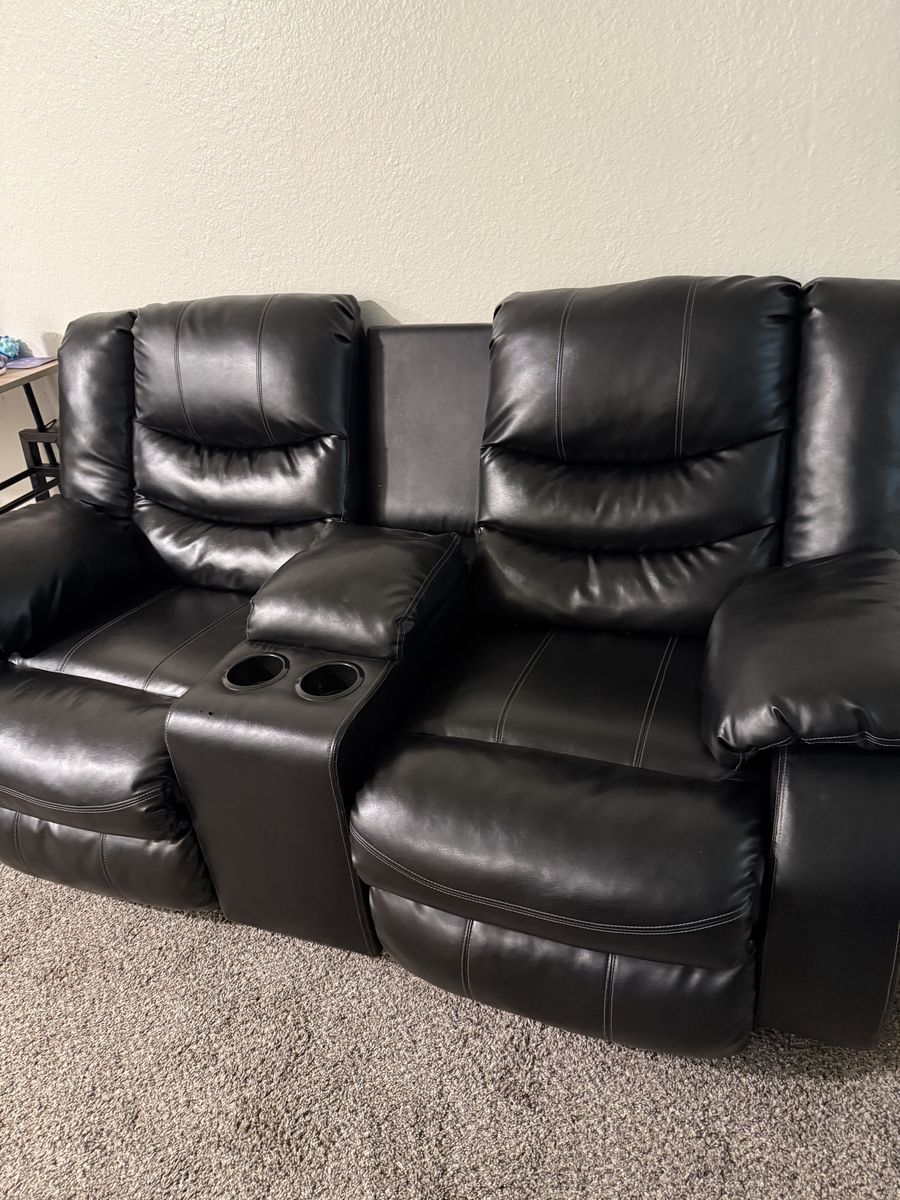 68" Wide Vegan Leather Manual Reclining Home Theater Seating with Cup Holder & Storage