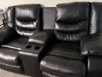 68" Wide Vegan Leather Manual Reclining Home Theater Seating with Cup Holder & Storage