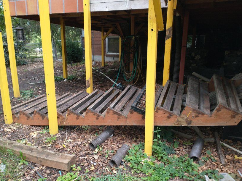 Wooden stairs, metal stair treads, wood, firewood, lumber