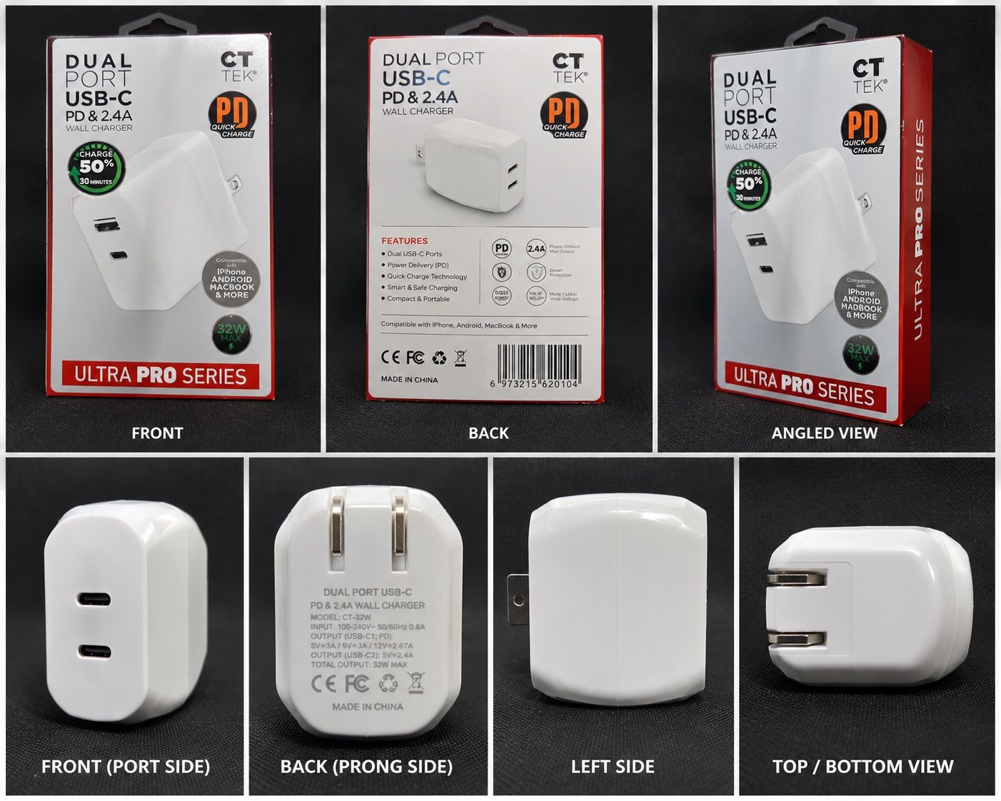 CT TEK Dual Port USB-C PD Wall 32W