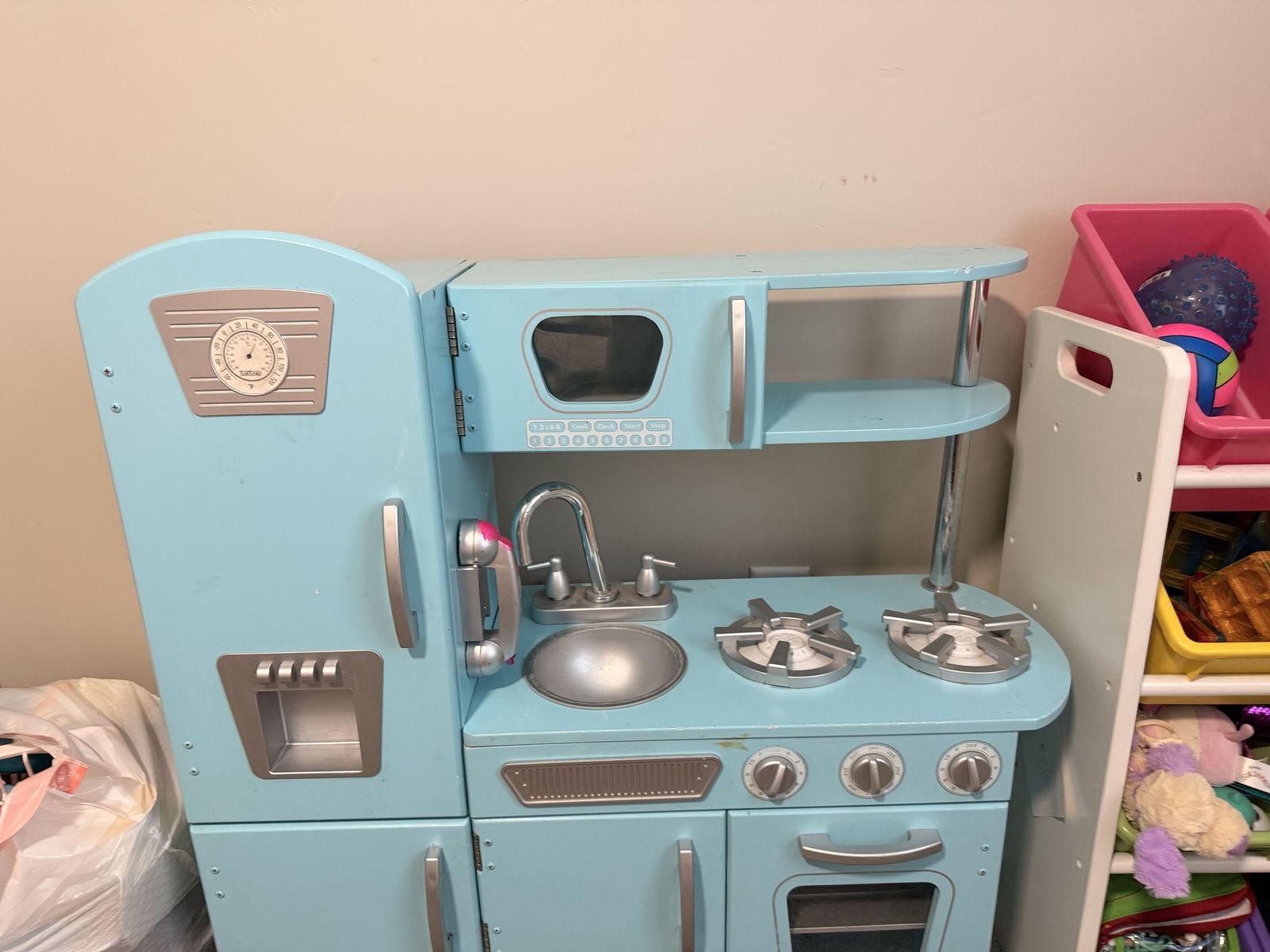 KidKraft Vintage Play Kitchen, Blue Wooden Pretend Play Set with Refrigerator, Oven, Microwave