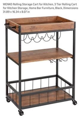 WENKO 3-Tier Rolling Kitchen Storage Cart - Home Bar Furniture with Wine Rack, Black/Brown