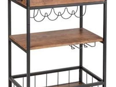 WENKO 3-Tier Rolling Kitchen Storage Cart - Home Bar Furniture with Wine Rack, Black/Brown
