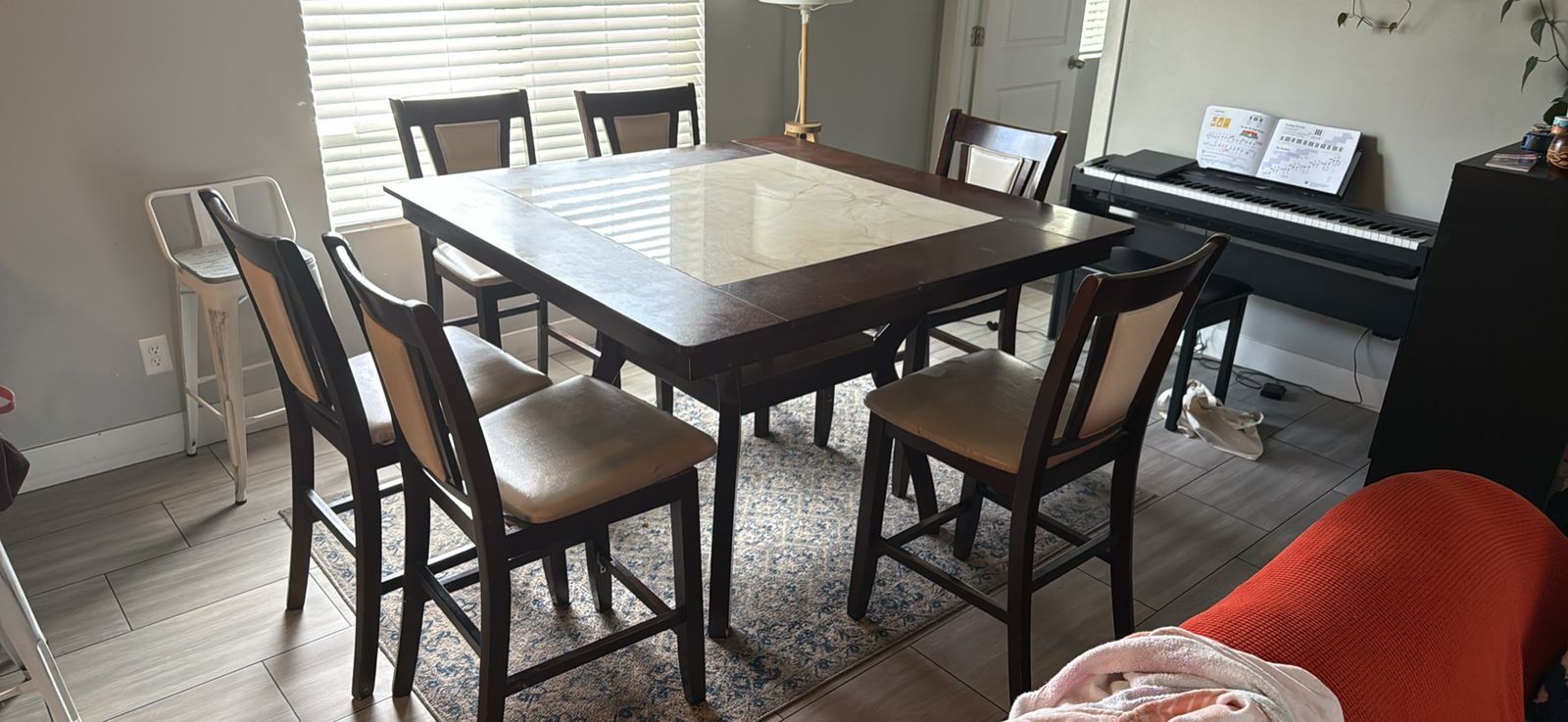 Dining Table Set with 6 Chairs, Dark Wood & Tile Top - Used Condition