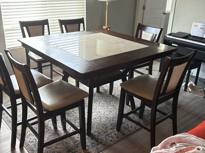 Dining Table Set with 6 Chairs, Dark Wood & Tile Top - Used Condition
