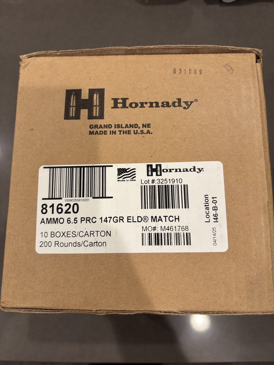 200 rounds of HORNADY 6.5 PRC 147GR ELD MATCH ammo