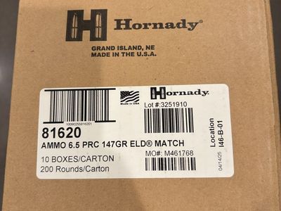 200 rounds of HORNADY 6.5 PRC 147GR ELD MATCH ammo