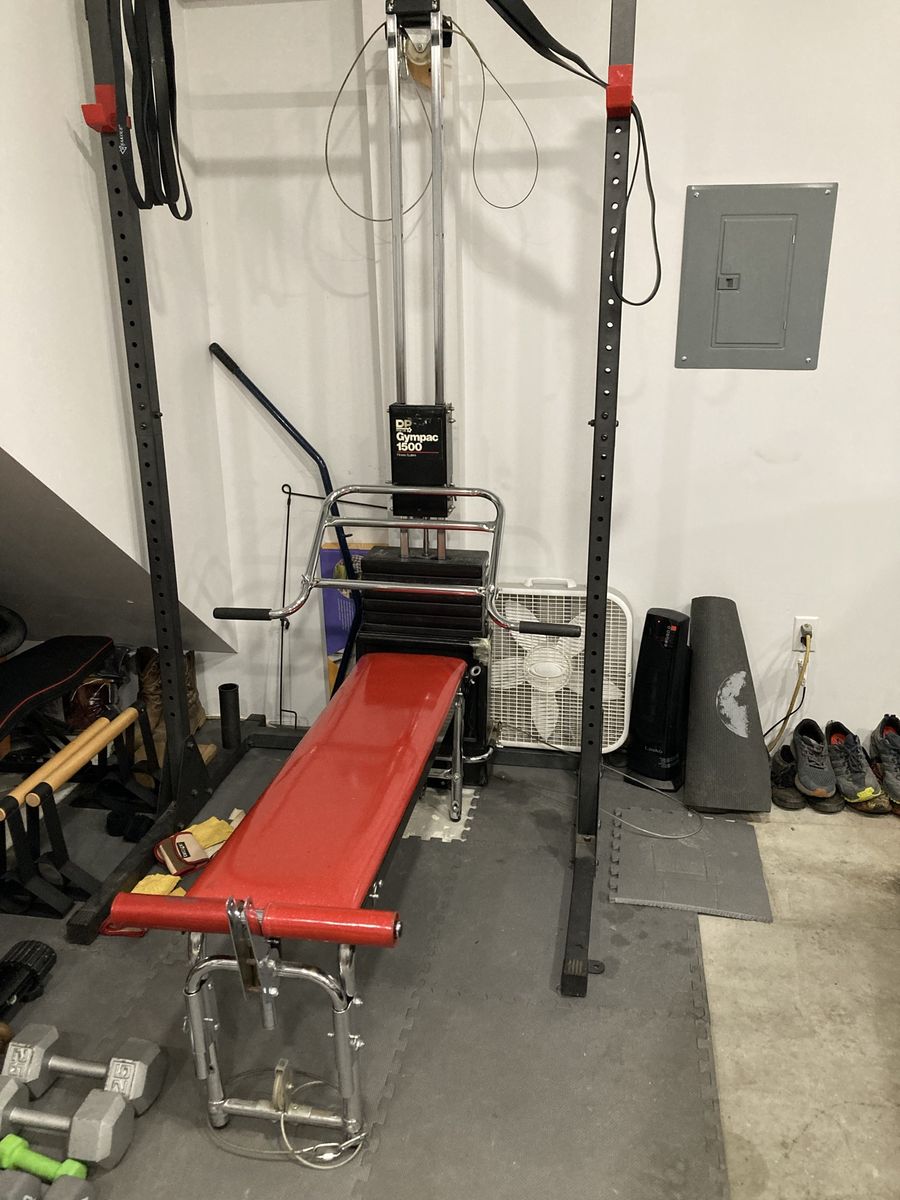 Home Gym with Weight Stack, Bench and pull up bar