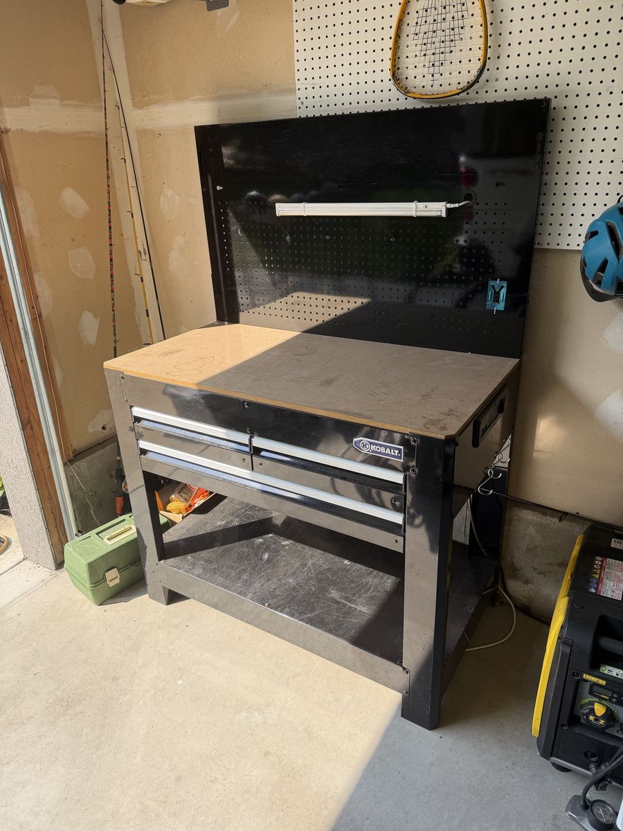 Kobalt 3-Drawer Work Bench with Pegboard Backing and Storage Shelf - Black/Wood