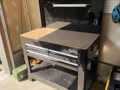 Kobalt 3-Drawer Work Bench with Pegboard Backing and Storage Shelf - Black/Wood