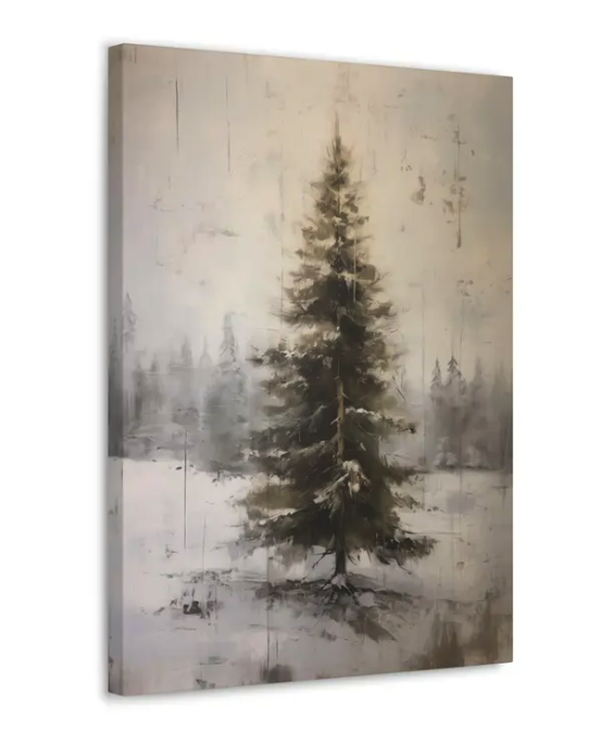 Large Canvas Winter Landscape Decor/Christmas Wall Art, Snowy Pine Tree
