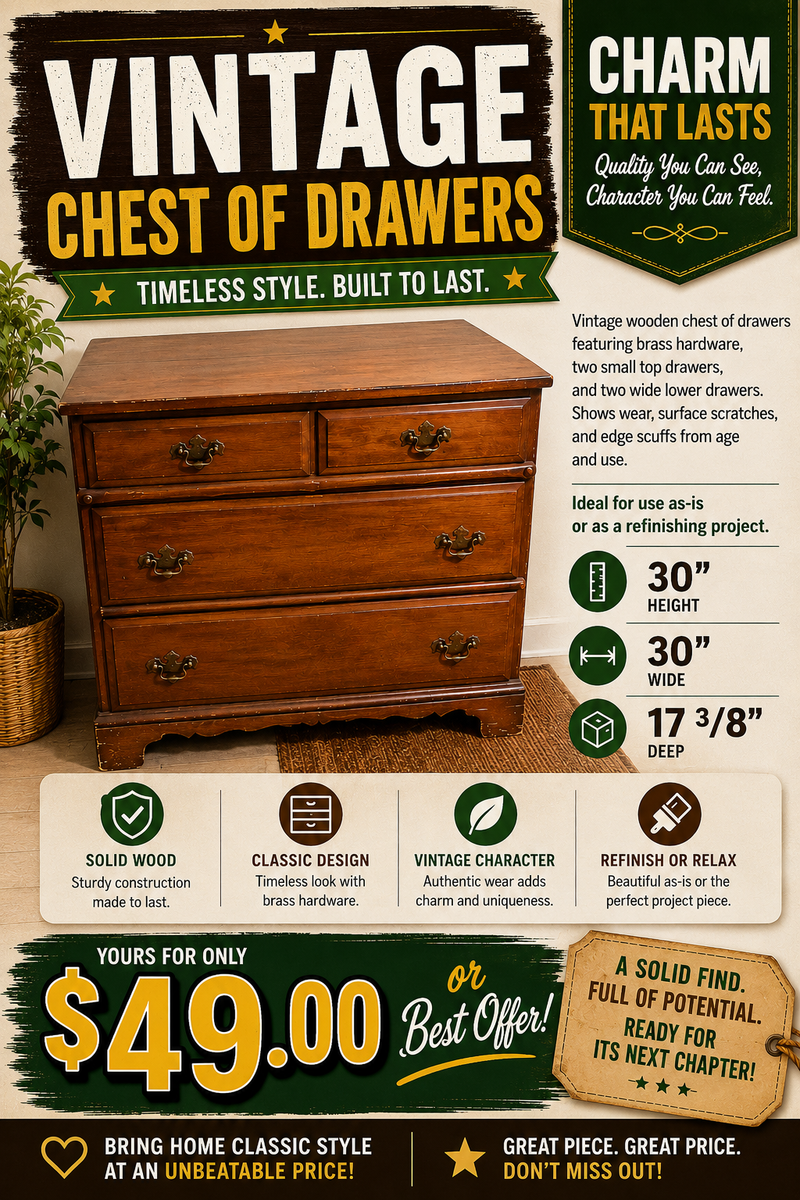 Vintage Wooden Chest of Drawers, Brass Hardware, 30" x 30" x 17.375"