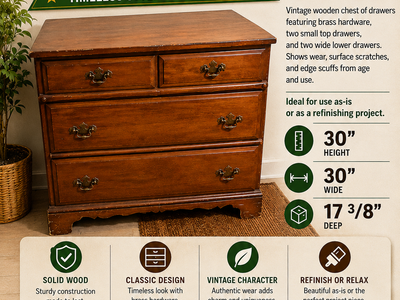 Vintage Wooden Chest of Drawers, Brass Hardware, 30" x 30" x 17.375"