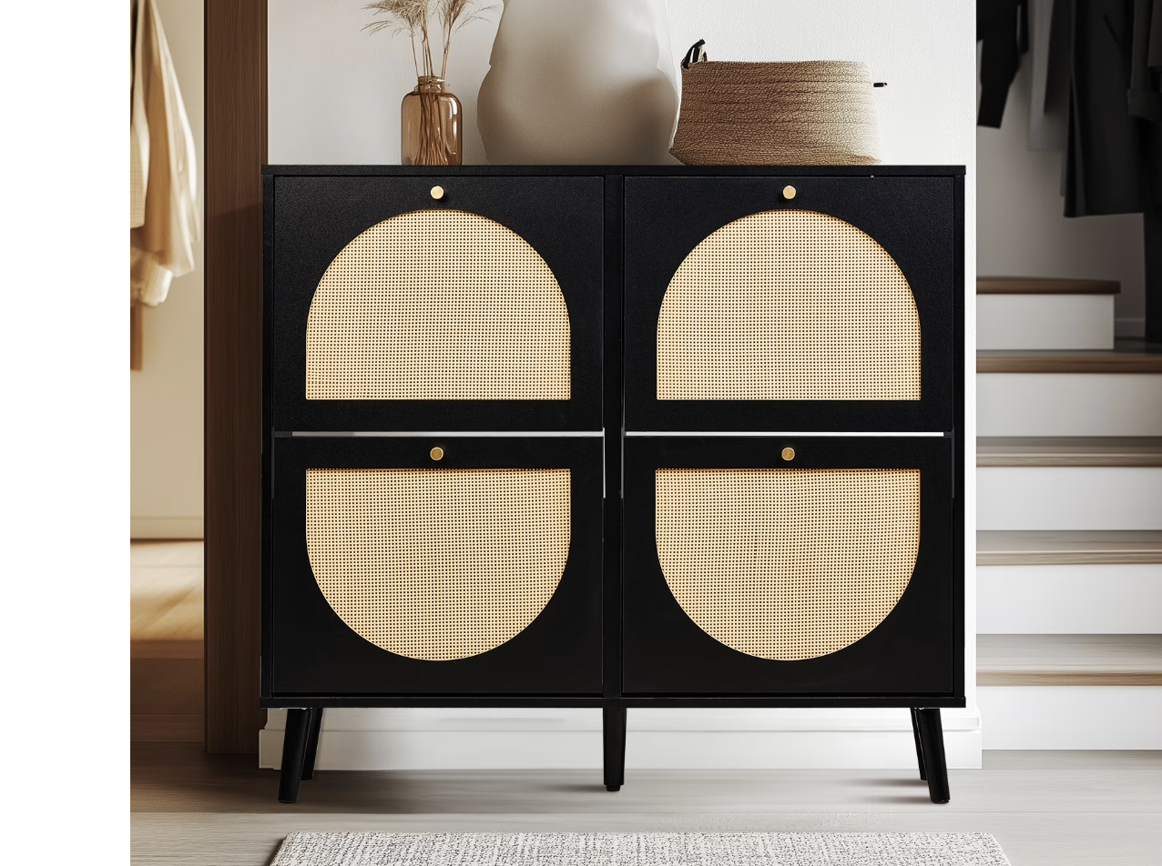 New in Box Rattan Shoe Cabinet 2 Rows 4 Drawers, Holds 24 Pairs, Adjustable Shelves