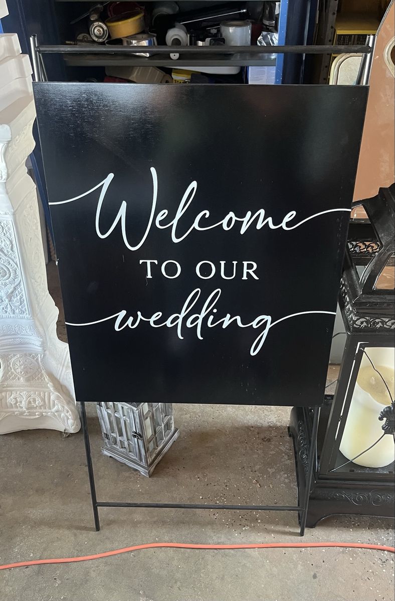 Welcome to Our Wedding Sign - Black & White Calligraphy A-Frame, Excellent Condition
