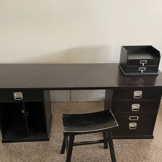 Pottery Barn Bedford Desk & Accessories - Black Wood, Filing Cabinet & Storage