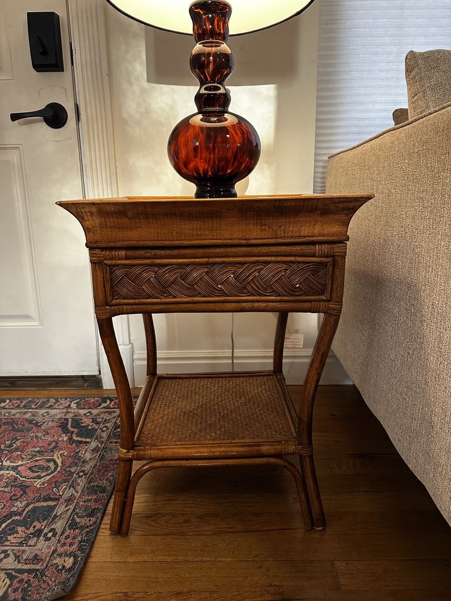 Vintage Rattan and Wood Side Table
