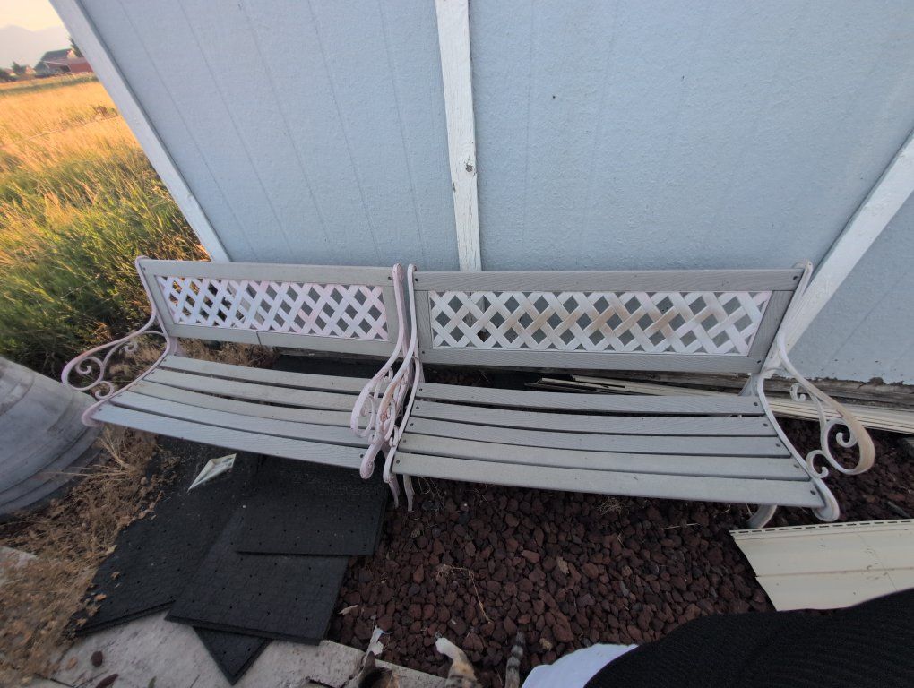 Outdoor Garden Bench - White Cast Iron & Gray Slats