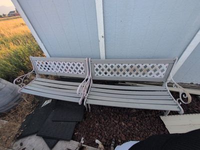 Outdoor Garden Bench - White Cast Iron & Gray Slats