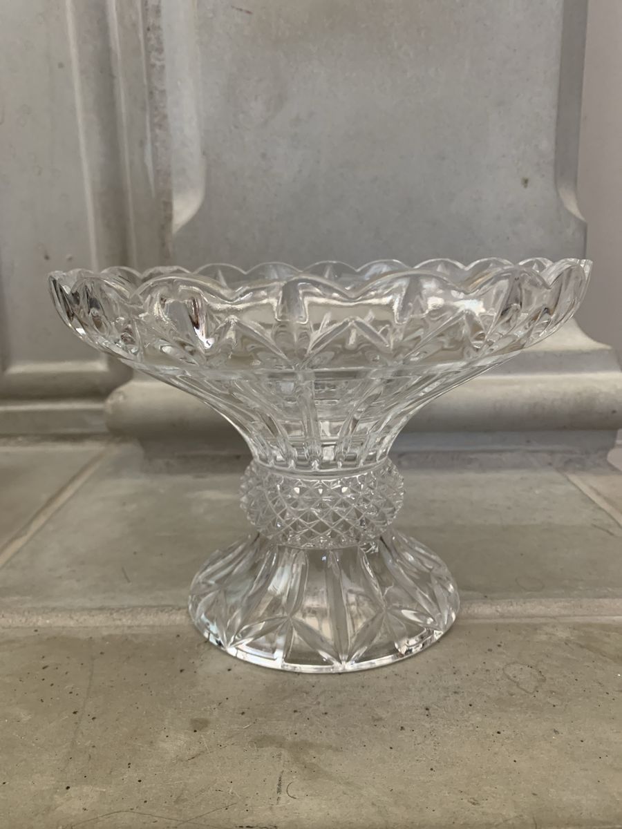 Vintage Cut Glass Pedestal Bowl Scalloped Edge Compote Dish