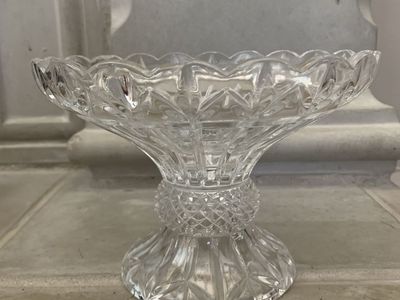 Vintage Cut Glass Pedestal Bowl Scalloped Edge Compote Dish