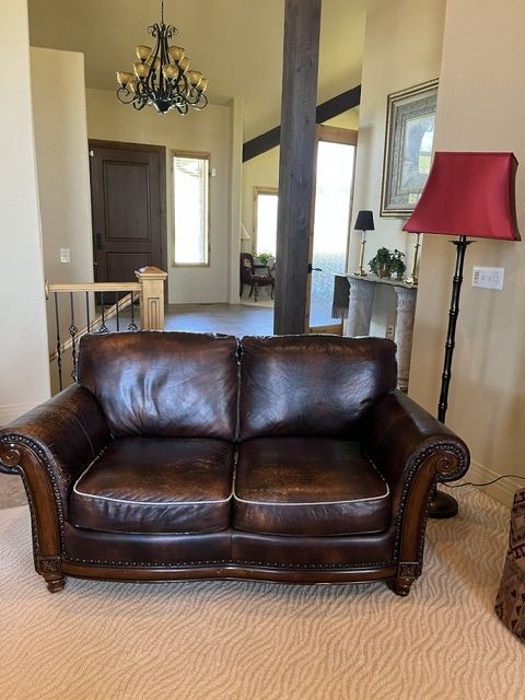 Distressed Brown Leather Loveseat - Classic Style, Nailhead Trim, Wood Frame