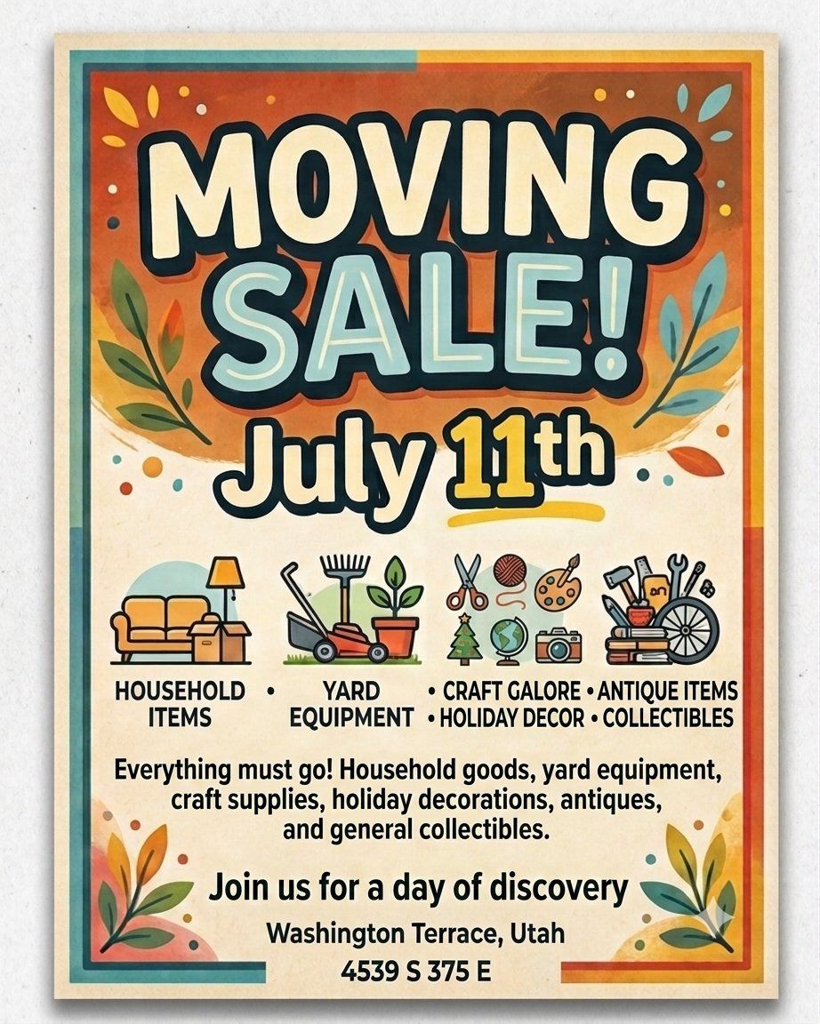 Moving Sale - July 11th in Washington Terrace, Utah - Household, Yard, Craft Items, antiques, collectibles and more.