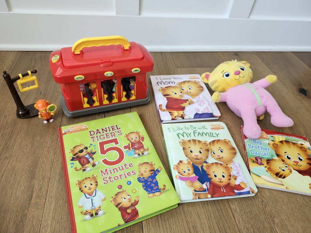 Daniel Tiger Neighborhood Trolley BUNDLE w/ 7 Characters, Baby Margaret Plush, 4 Books - Trolley Works, Moves, Music, Sounds