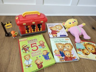 Daniel Tiger Neighborhood Trolley BUNDLE w/ 7 Characters, Baby Margaret Plush, 4 Books - Trolley Works, Moves, Music, Sounds