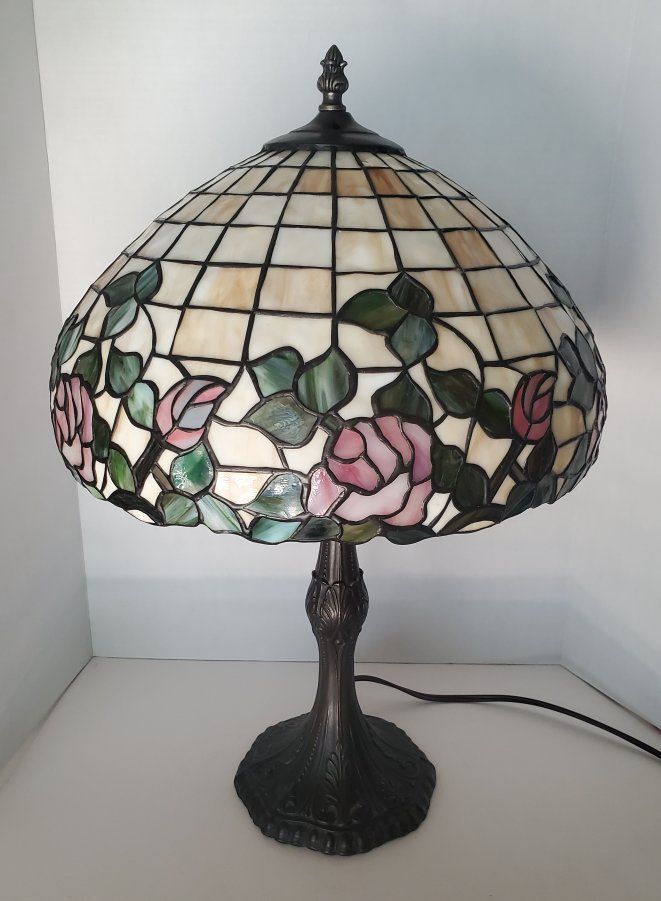 P.S.T. Industries - Paul Sahlin Tiffany Style Slag Glass Table Accent Lamp Roses and Leaves Motif