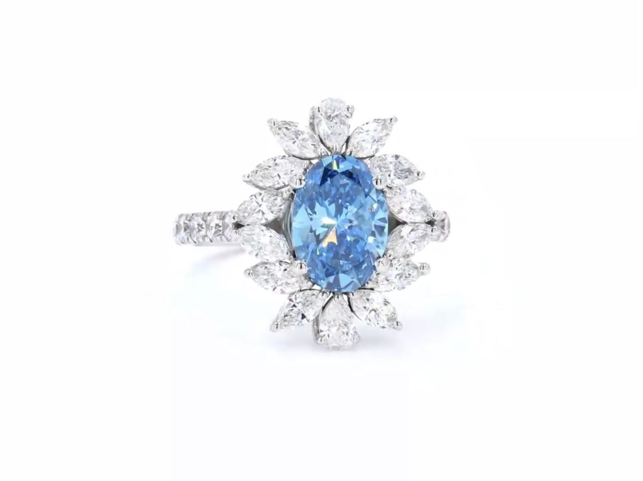 Floral Halo Lab-Grown Blue Diamond Ring in Platinum IGI Certified Vivid Blue