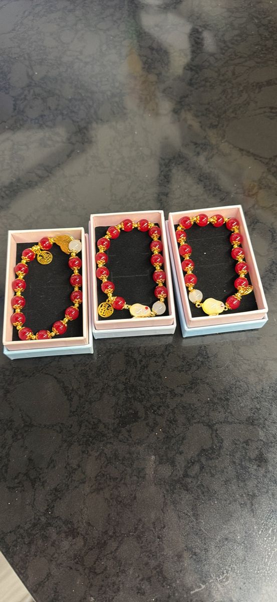Red Beaded Bracelets with Gold Accents & Jade Rabbit Charm - Set of 3