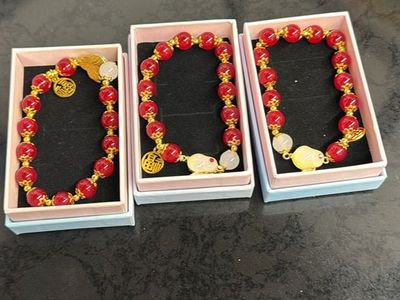 Red Beaded Bracelets with Gold Accents & Jade Rabbit Charm - Set of 3