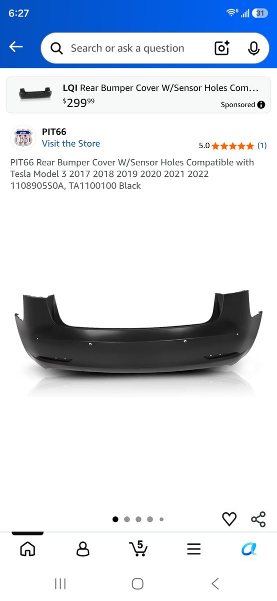 PIT66 Tesla Model 3 Rear Bumper Cover with Sensor Holes, Black, 2017-2022 Models
